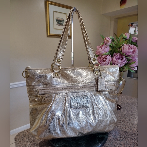 Coach Poppy Bag Gold Large Purse Tote - Picture 1 of 17